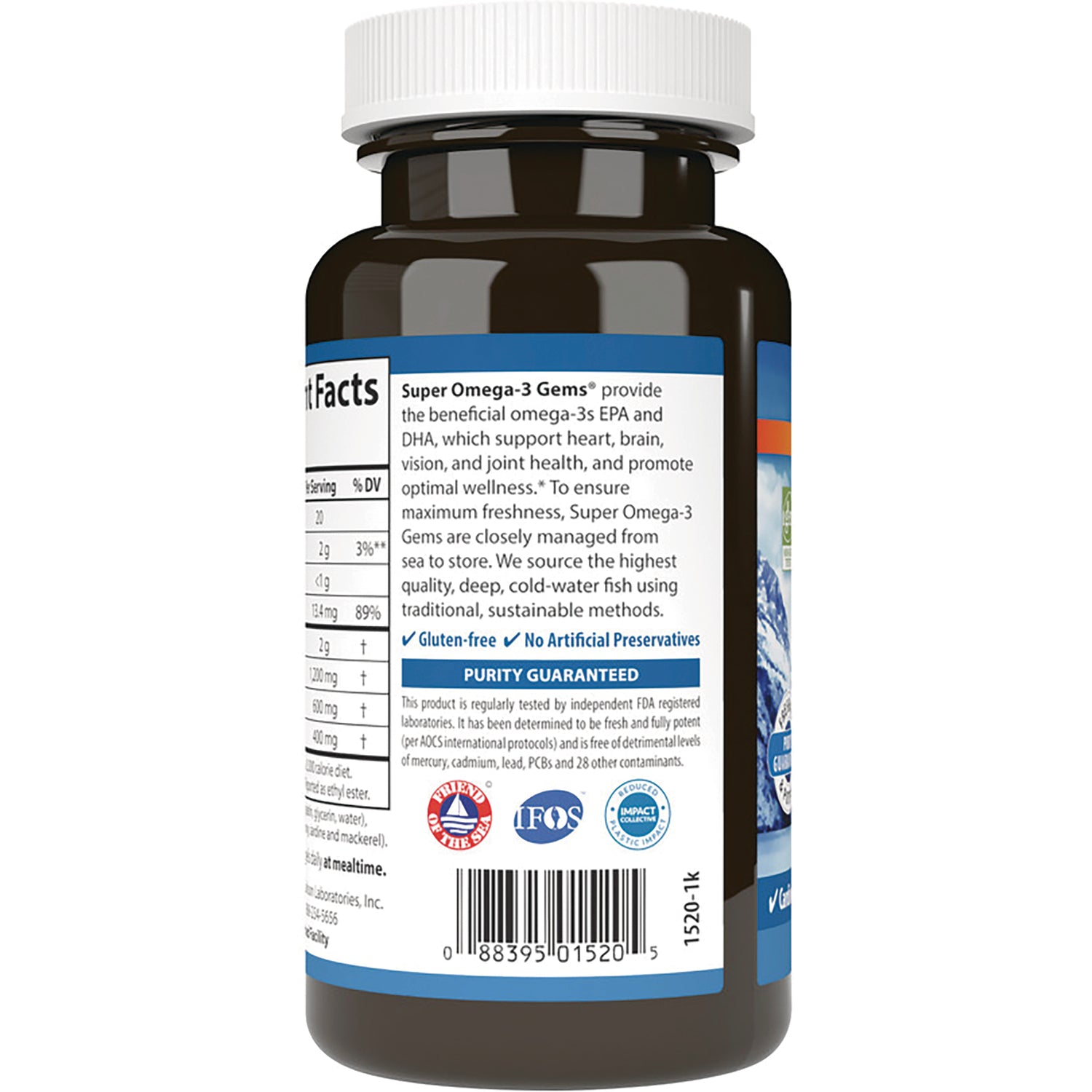 CSN145 | Back of dark brown supplement bottle showing supplement facts, purity guaranteed panel and barcode