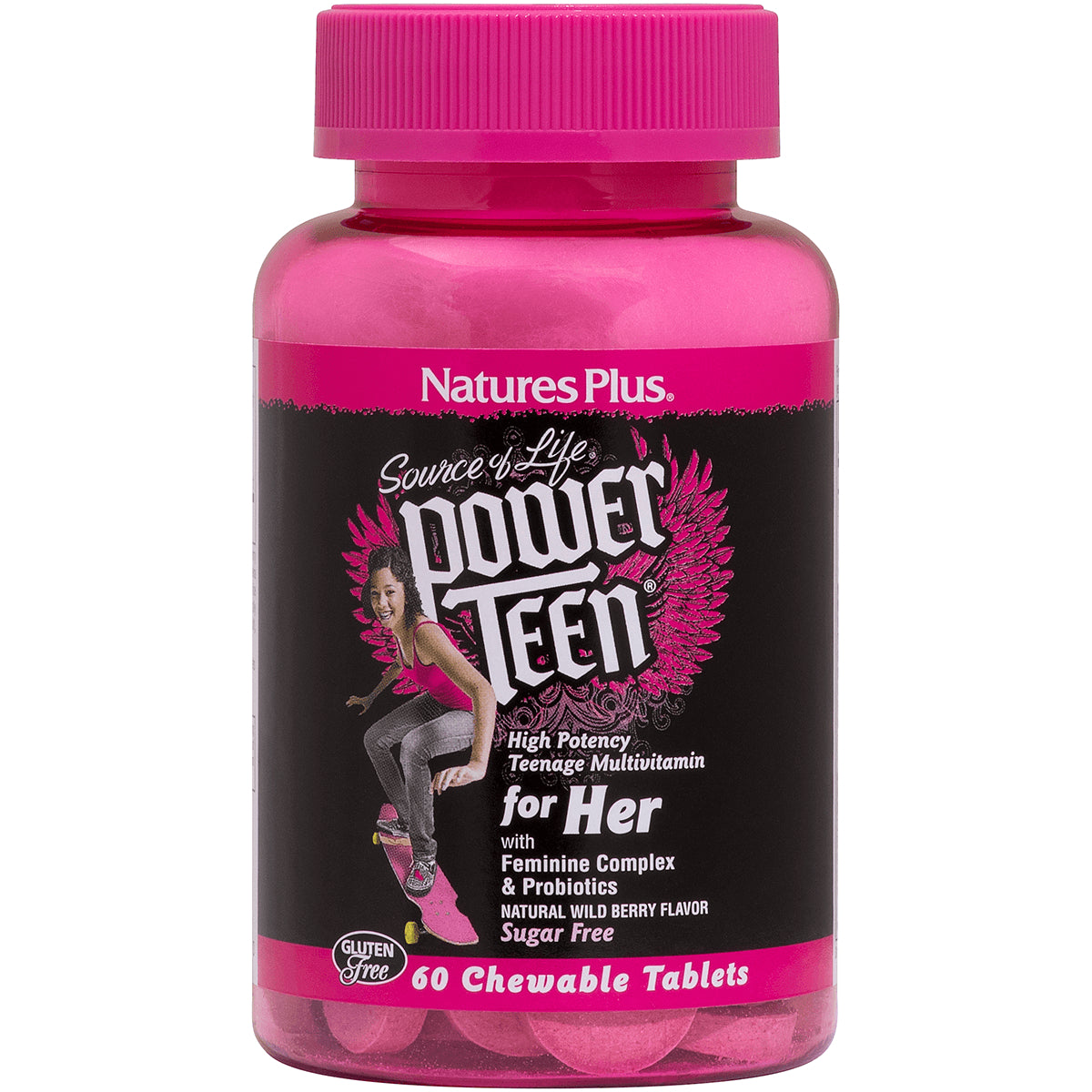 NTP196 | Natures Plus Power Teen for Her chewable multivitamin bottle with pink label, 60 tablets