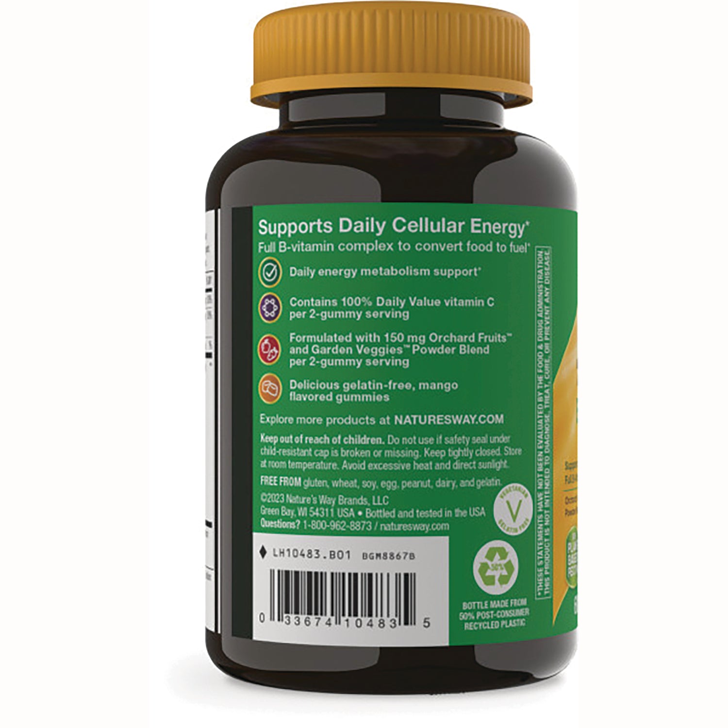 NW874 | Back label of brown supplement bottle showing Supports Daily Cellular Energy claims, usage text, and barcode