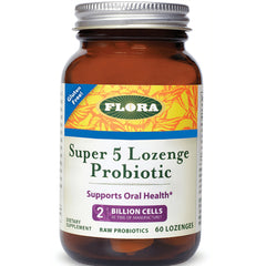FL063 | Flora Super 5 Lozenge Probiotic bottle labeled Supports Oral Health 2 billion cells 60 lozenges