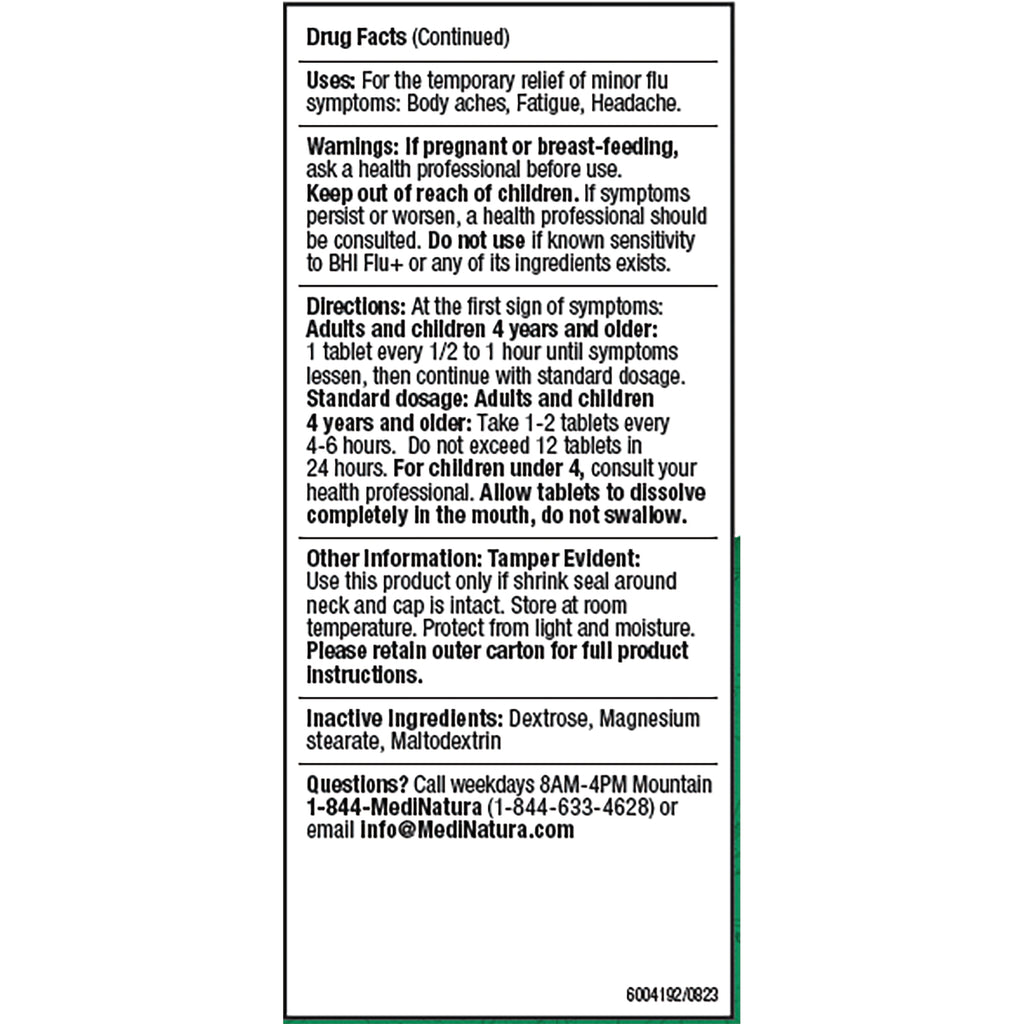 MNA036 | Back of BHI FLU+ box showing Drug Facts, directions, warnings, and inactive ingredients - Thumbnail