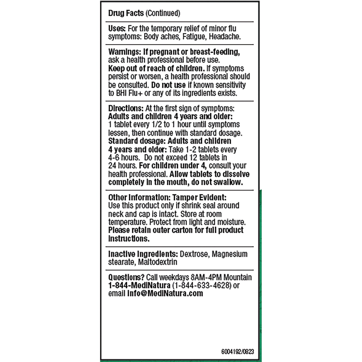 MNA036 | Back of BHI FLU+ box showing Drug Facts, directions, warnings, and inactive ingredients