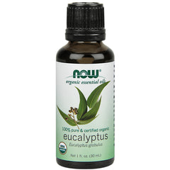 NWF475 | Brown glass 1 fl oz bottle of NOW organic essential oils eucalyptus with black cap and label