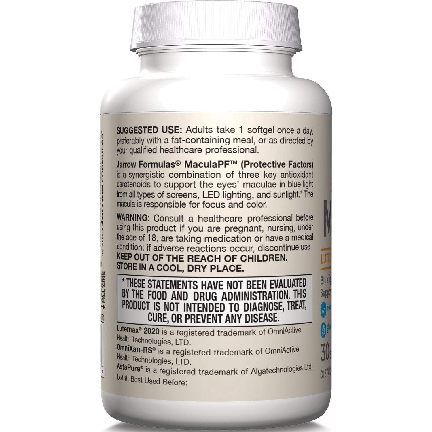 JR325 | Back label of white supplement bottle showing suggested use, warning, and FDA disclaimer