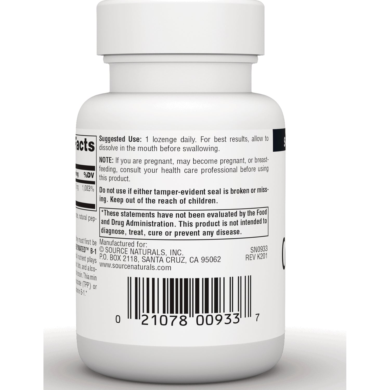SN235 | Supplement bottle back label with suggested use, warnings, Source Naturals contact info, and barcode