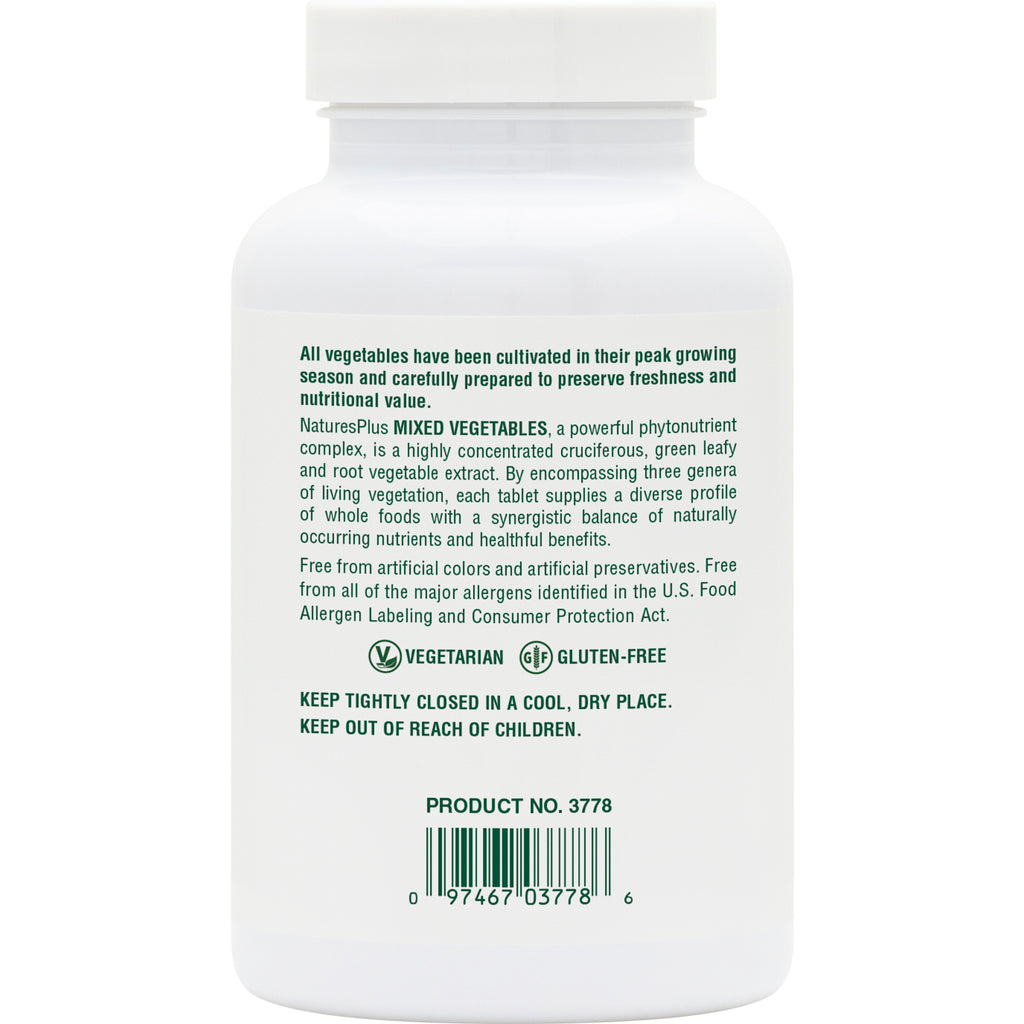 NTP172 | back label of white supplement bottle reading MIXED VEGETABLES, vegetarian and gluten-free icons, barcode - Thumbnail