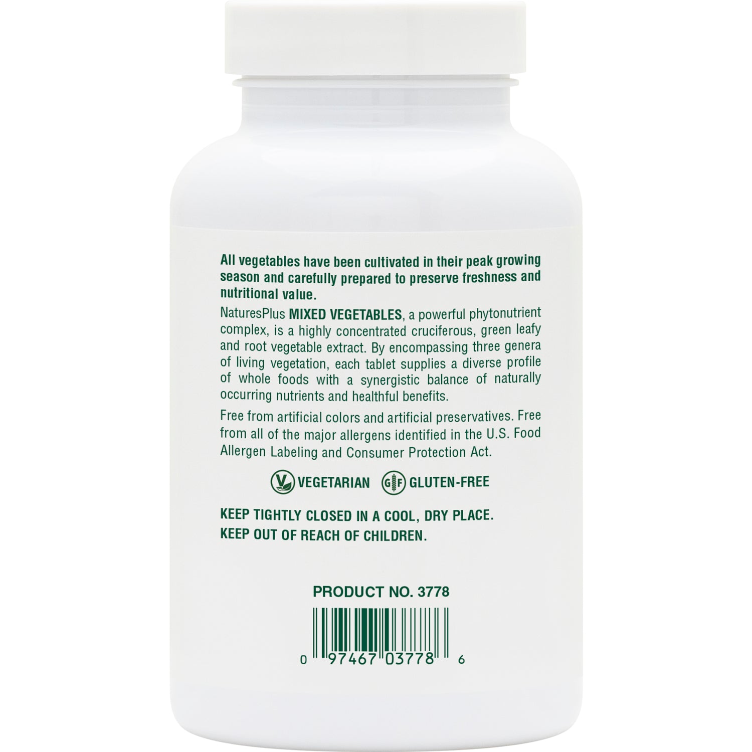 NTP172 | back label of white supplement bottle reading MIXED VEGETABLES, vegetarian and gluten-free icons, barcode