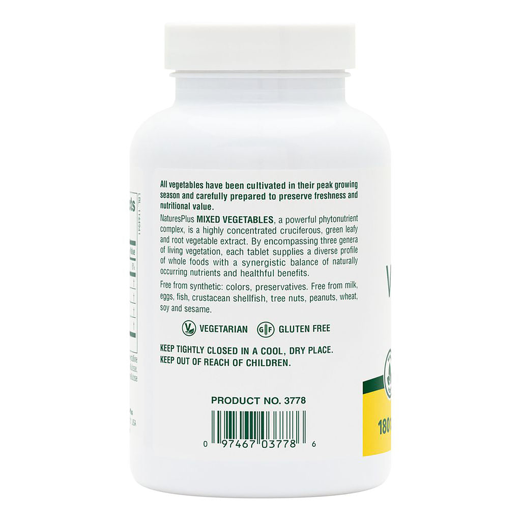 NTP172 | back label of white supplement bottle reading MIXED VEGETABLES, vegetarian and gluten-free icons, barcode - Thumbnail