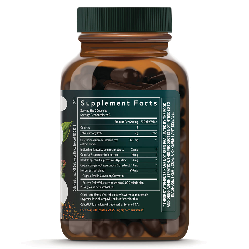 Amber supplement bottle back with green Supplement Facts panel and brown capsules visible inside - Thumbnail