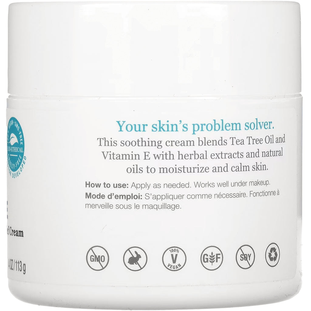 DE017 | Back label of white cream jar reading Your skin's problem solver and usage instructions with icons for GMO free, cruelty free, vegan, gluten free - Thumbnail