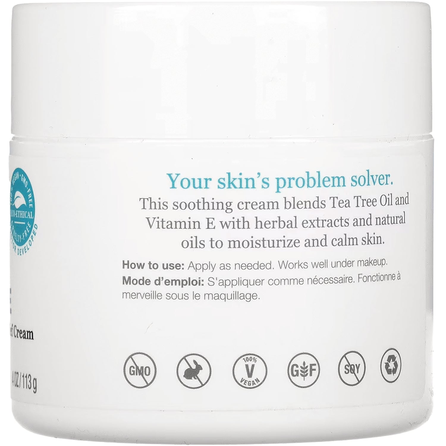 DE017 | Back label of white cream jar reading Your skin's problem solver and usage instructions with icons for GMO free, cruelty free, vegan, gluten free