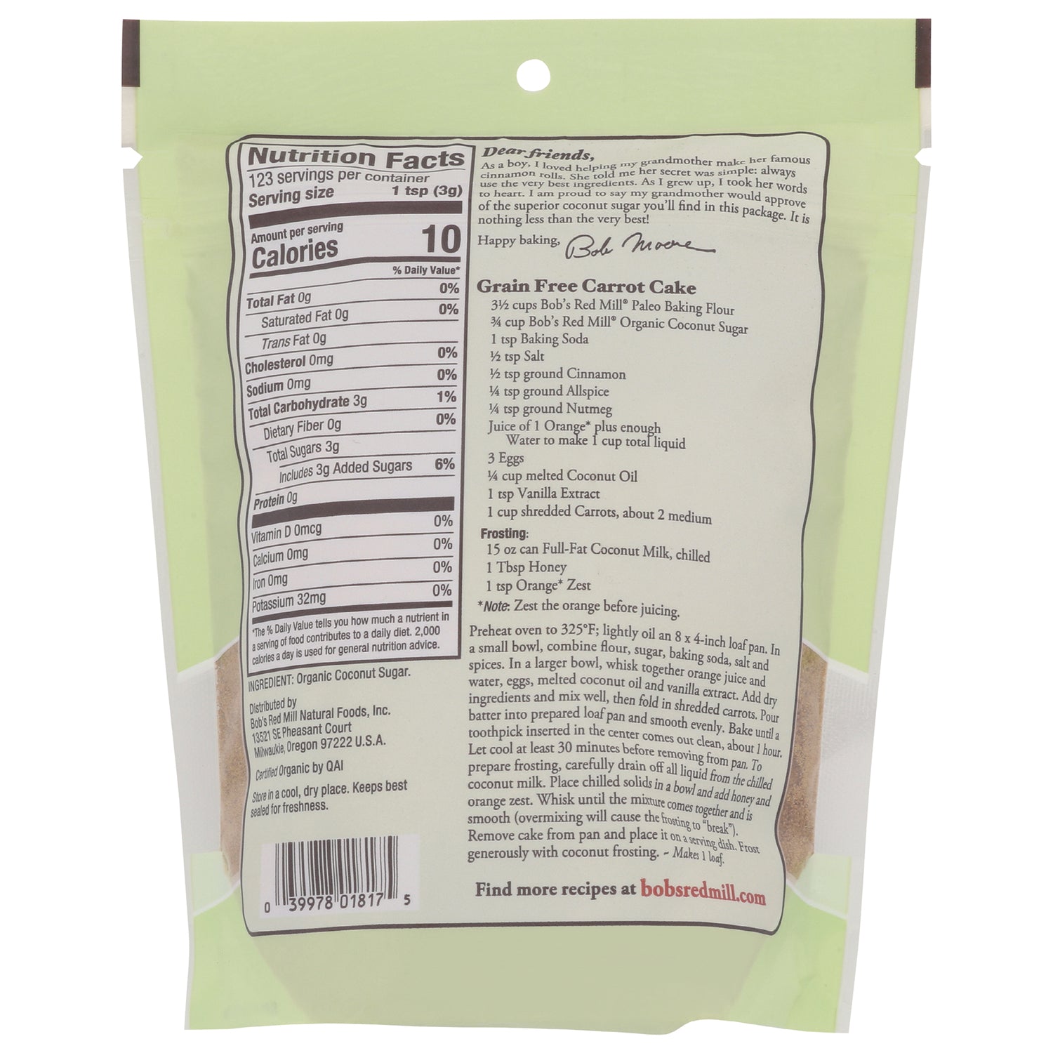 BOB280 | Back of green pouch showing Nutrition Facts panel and Grain Free Carrot Cake recipe