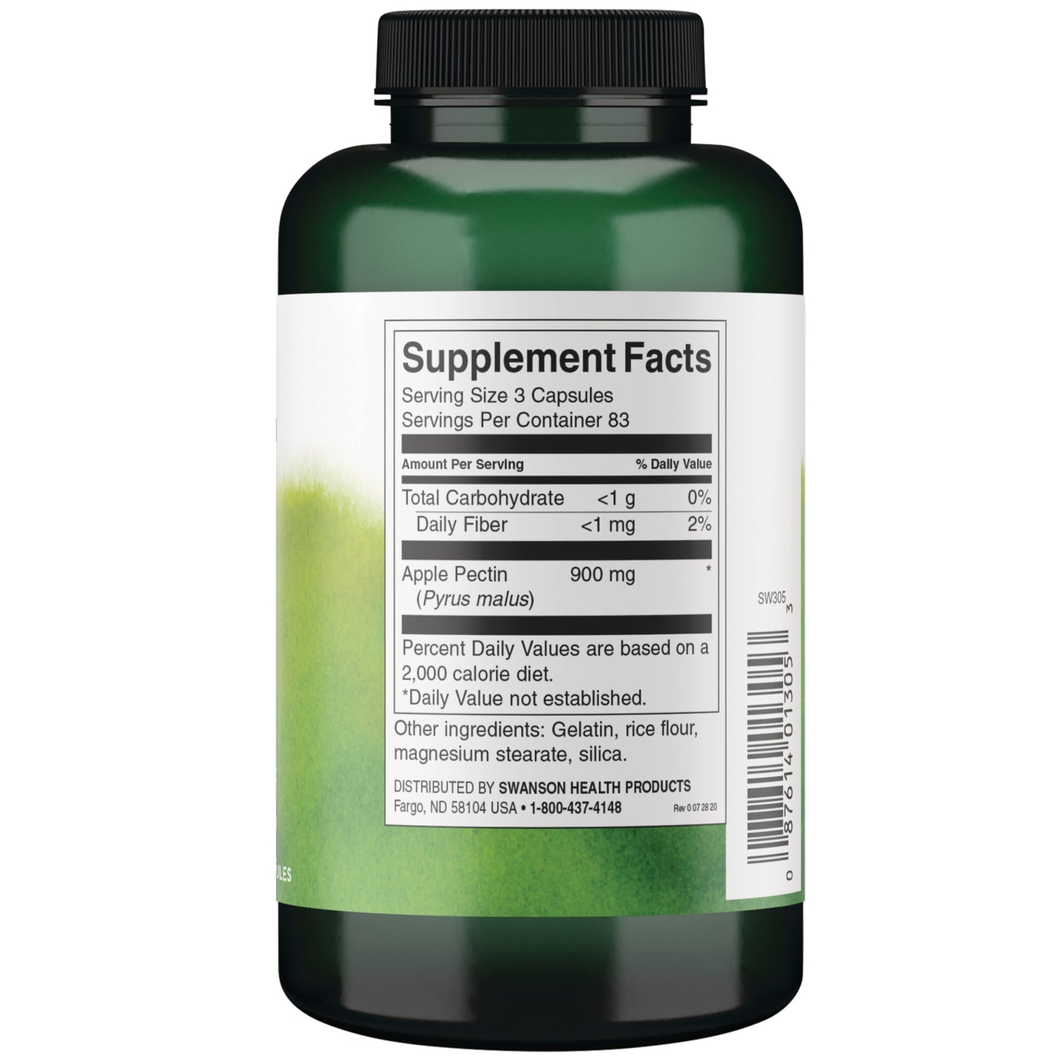 SW305 | Back label with Supplement Facts for Apple Pectin 900 mg, serving size 3 capsules