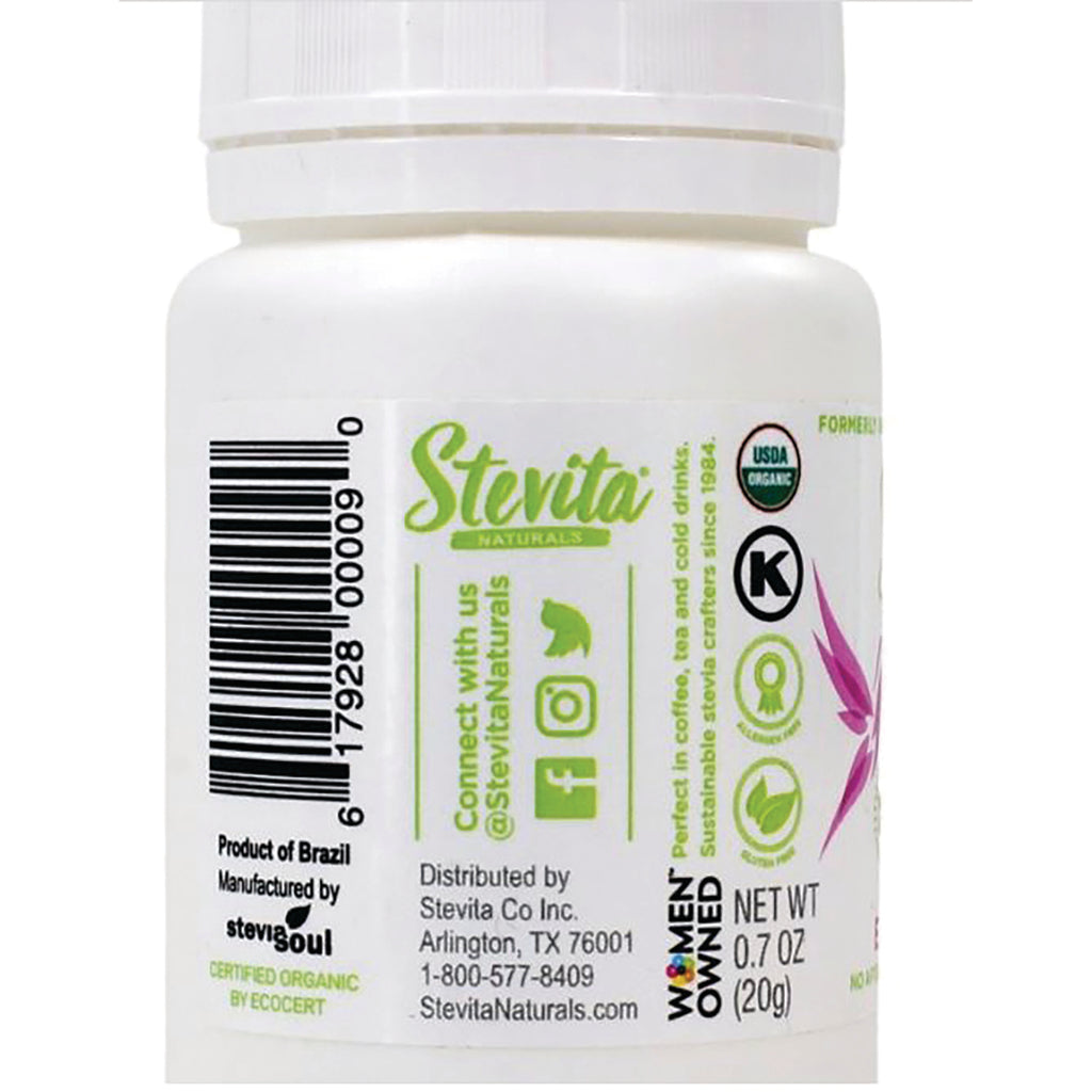 STV016 | Back label of Stevita Naturals stevia sweetener with barcode, USDA Organic and Women Owned badges, NET WT 0.7 OZ (20g) - Thumbnail