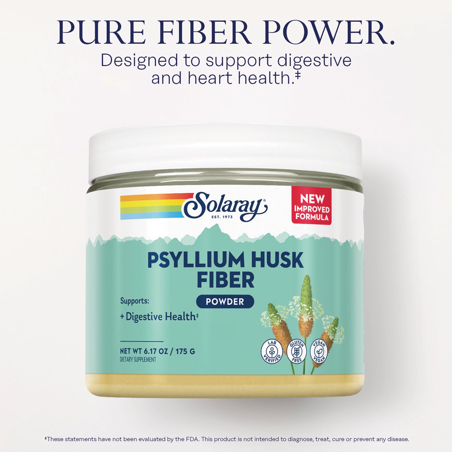 SLR529 | Pure Fiber Power graphic with Solaray Psyllium Husk Fiber powder jar, new improved formula