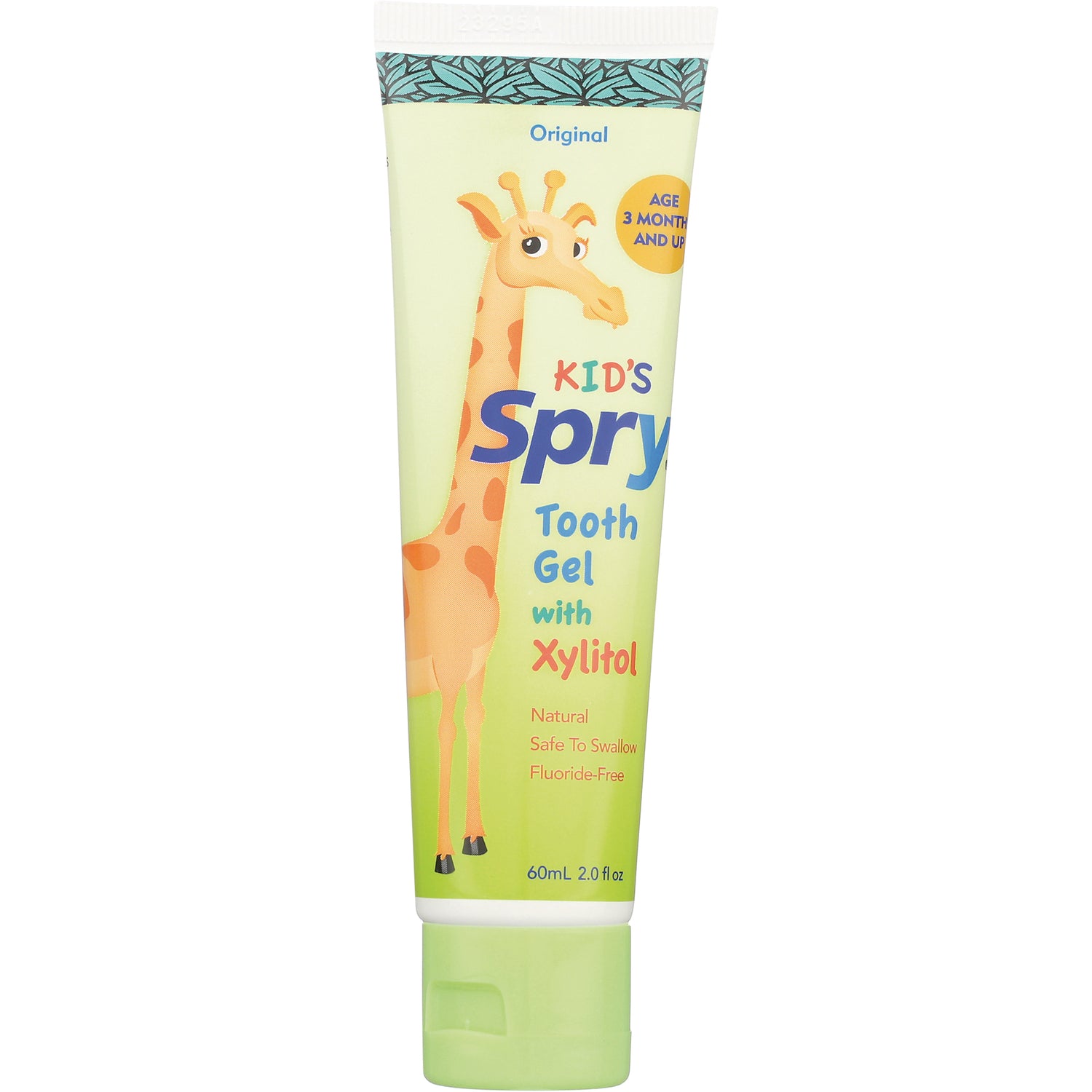 XL007 | Spry Kid's Tooth Gel with Xylitol, Original, 60 mL, natural, safe to swallow, fluoride-free tube with giraffe