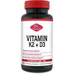 OL149 | White supplement bottle labeled VITAMIN K2 + D3 with red cap and Olympian Labs logo, 60 capsules