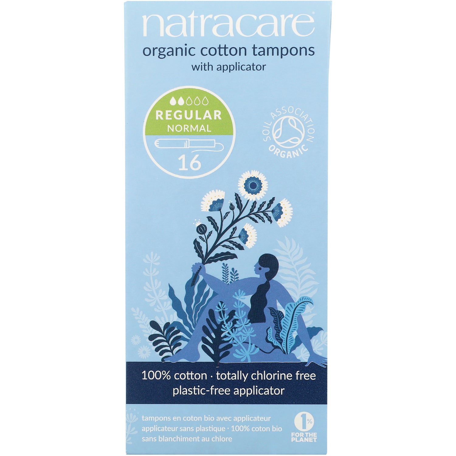 NCR004 | Natracare organic cotton tampons regular with applicator 16-count blue box with floral illustration
