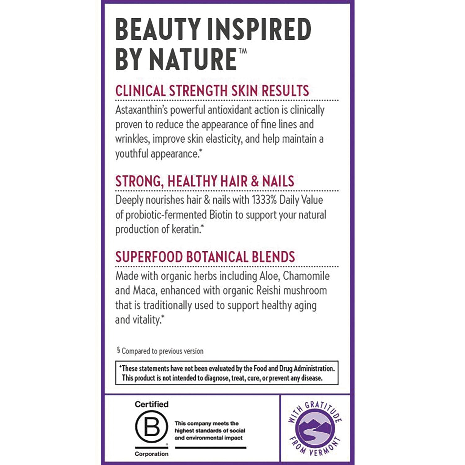NWC296 | product infographic listing Clinical Strength Skin Results; Strong, Healthy Hair & Nails; Superfood Botanical Blends
