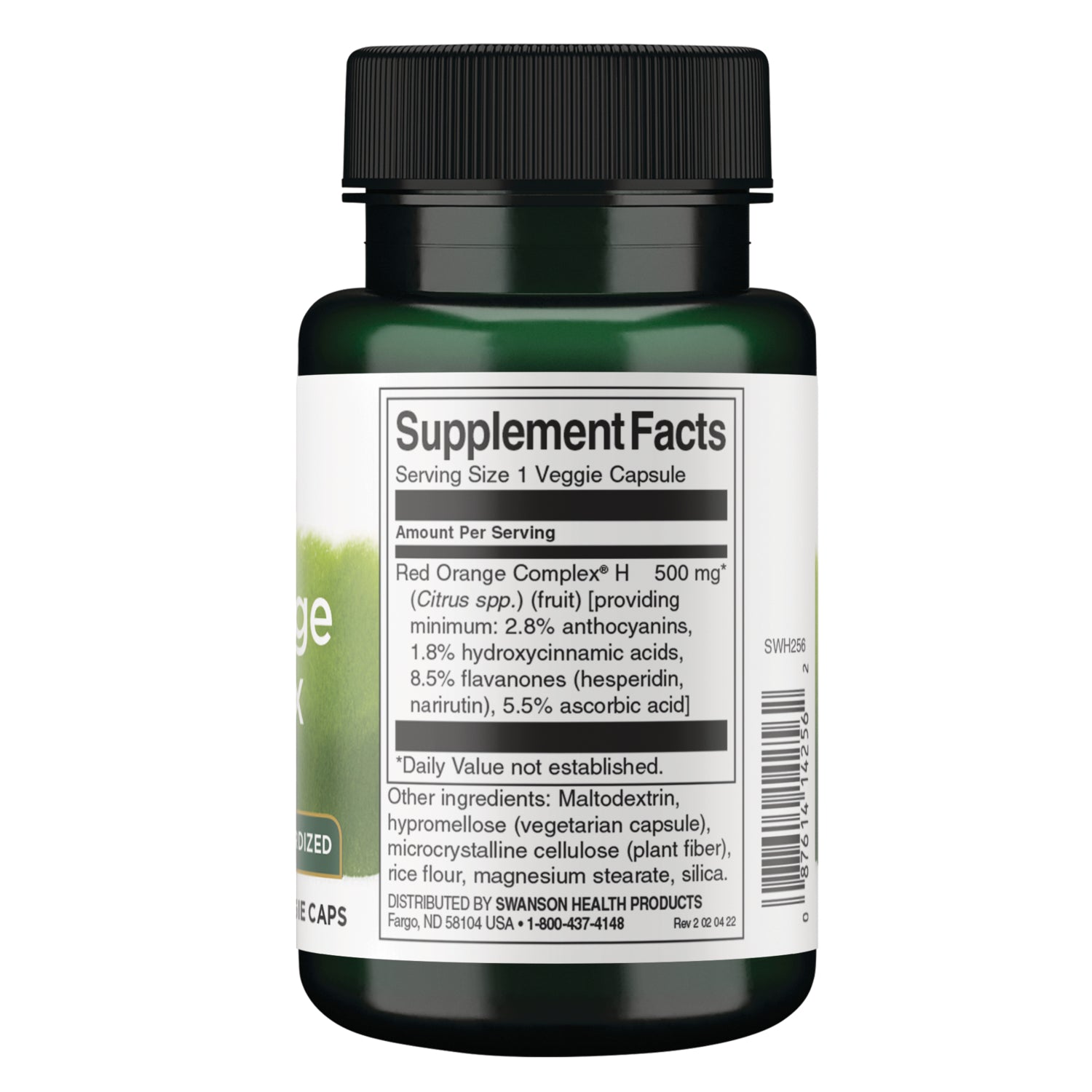 SWH256 | Supplement Facts and ingredients panel on back of green supplement bottle