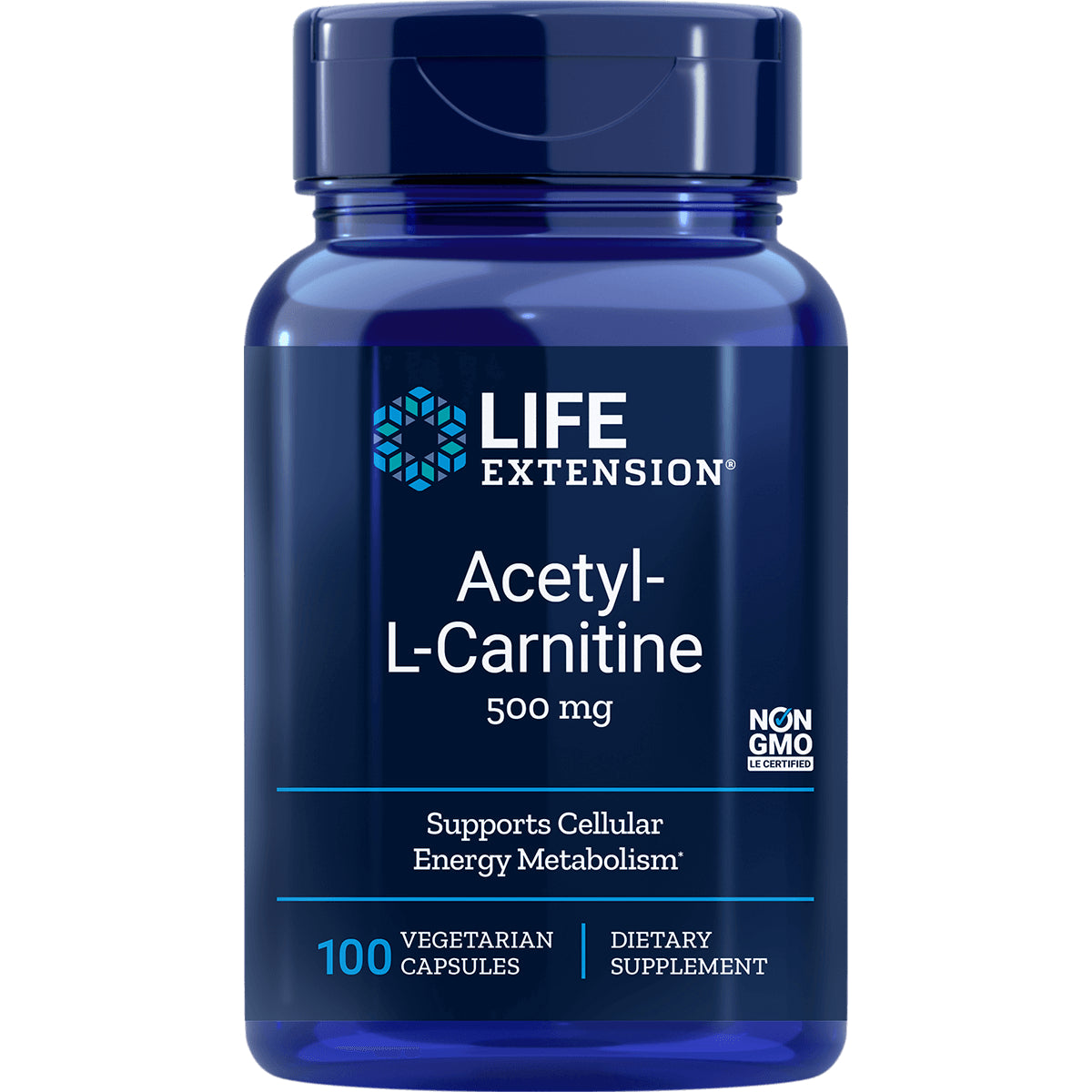 LE316 | Life Extension Acetyl-L-Carnitine 500 mg bottle showing front label, 100 vegetarian capsules