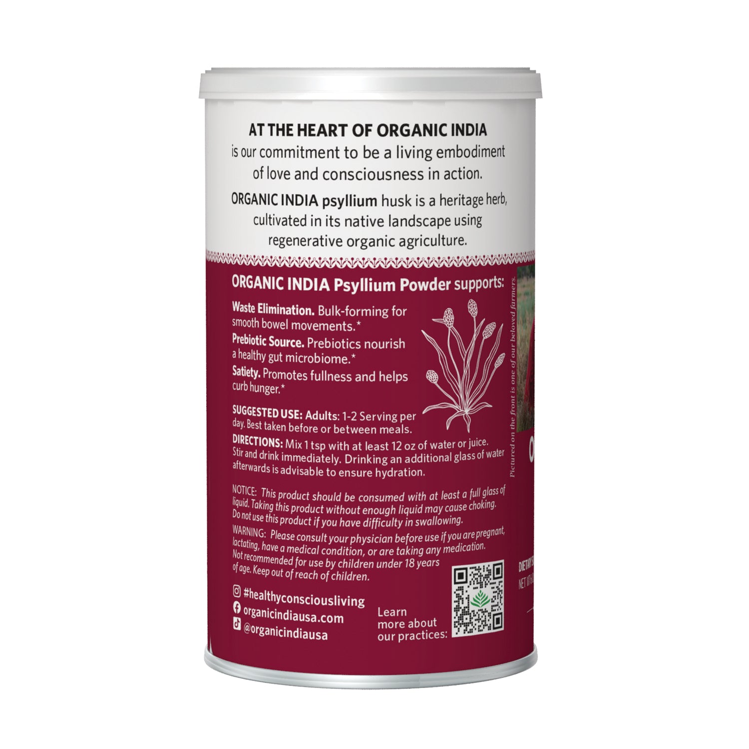 RGN111 | Back label of Organic India psyllium powder showing product benefits, directions, warnings and QR code