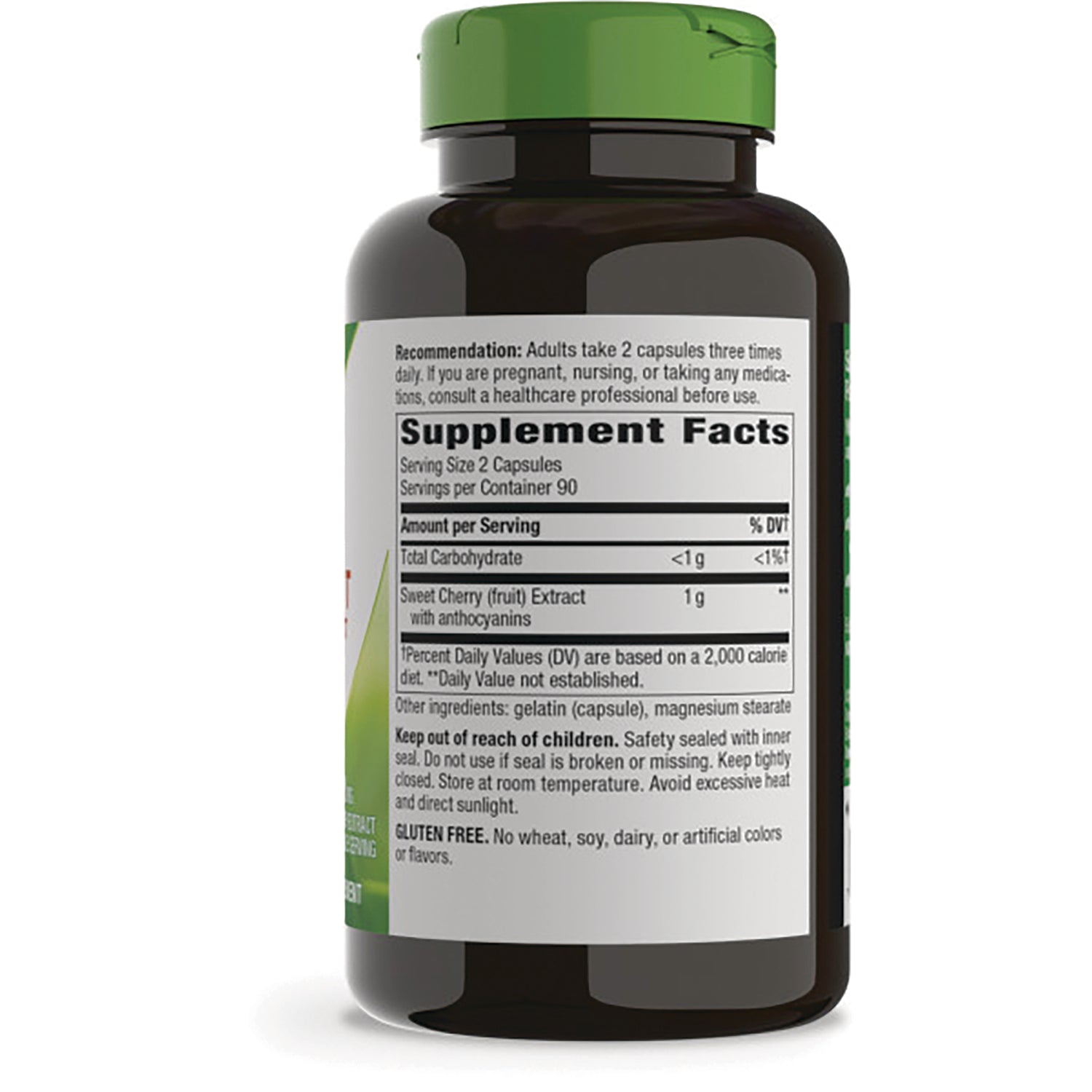 Supplement facts label on back of brown supplement bottle with green cap showing serving size, ingredients, and warnings