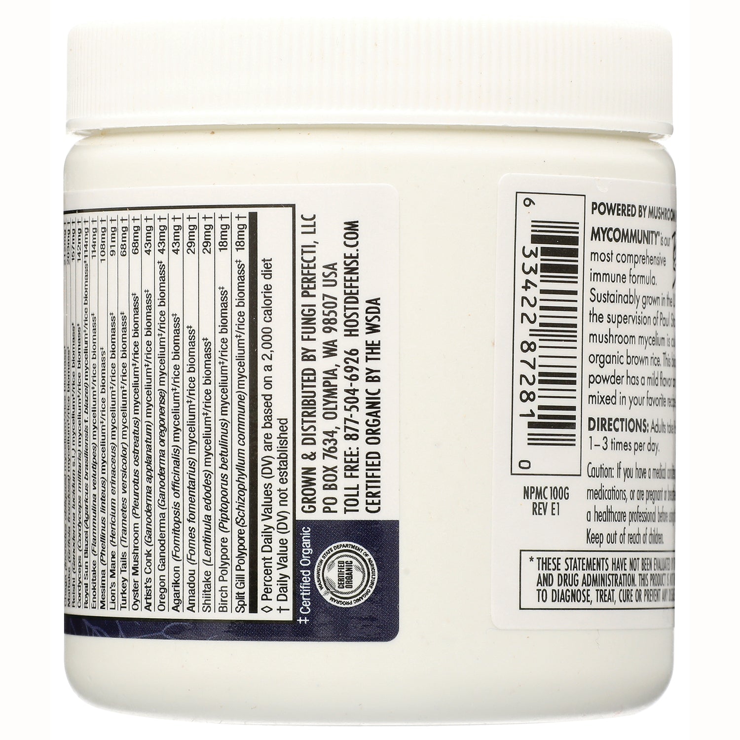 FUN047 | Back of white supplement jar showing supplement facts panel, barcode, distributor information, and certified organic seal