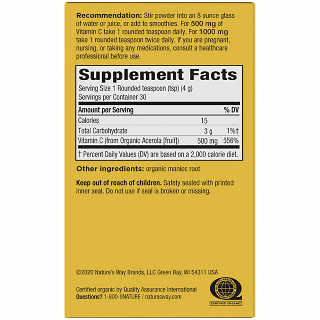 NW650 | back label with Supplement Facts panel showing serving size 1 rounded teaspoon, Vitamin C 500 mg, other ingredients organic manioc root - Thumbnail