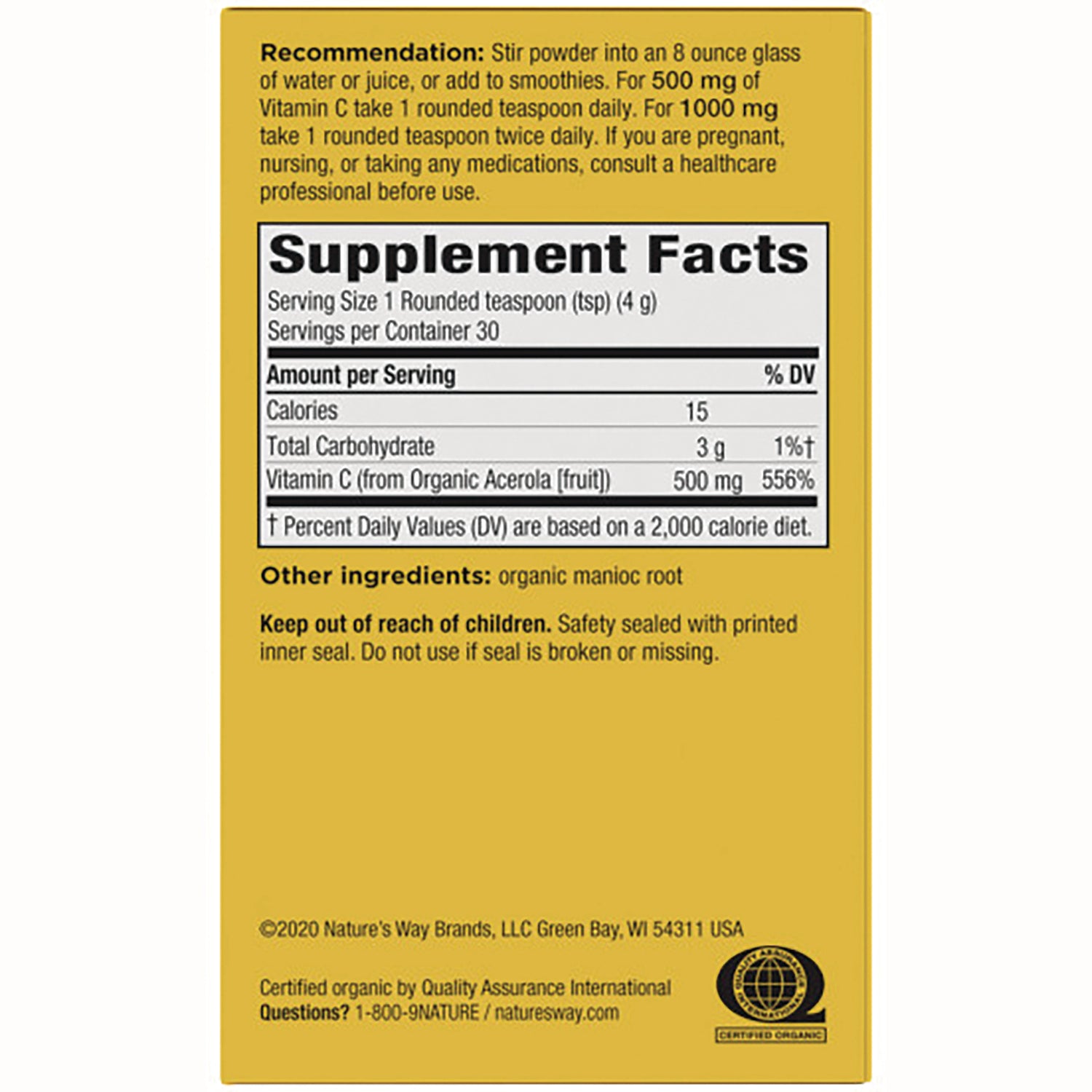 NW650 | back label with Supplement Facts panel showing serving size 1 rounded teaspoon, Vitamin C 500 mg, other ingredients organic manioc root