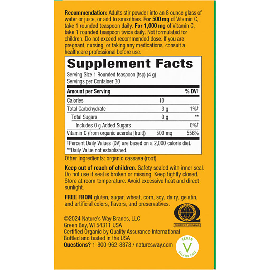 NW650 | back label with Supplement Facts panel showing serving size 1 rounded teaspoon, Vitamin C 500 mg, other ingredients organic manioc root - Thumbnail