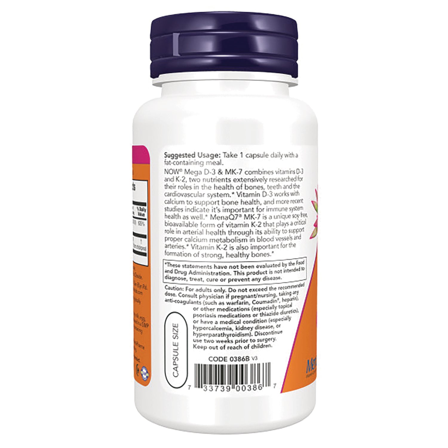 NWF1362 | back label of white supplement bottle showing suggested usage, caution text and barcode