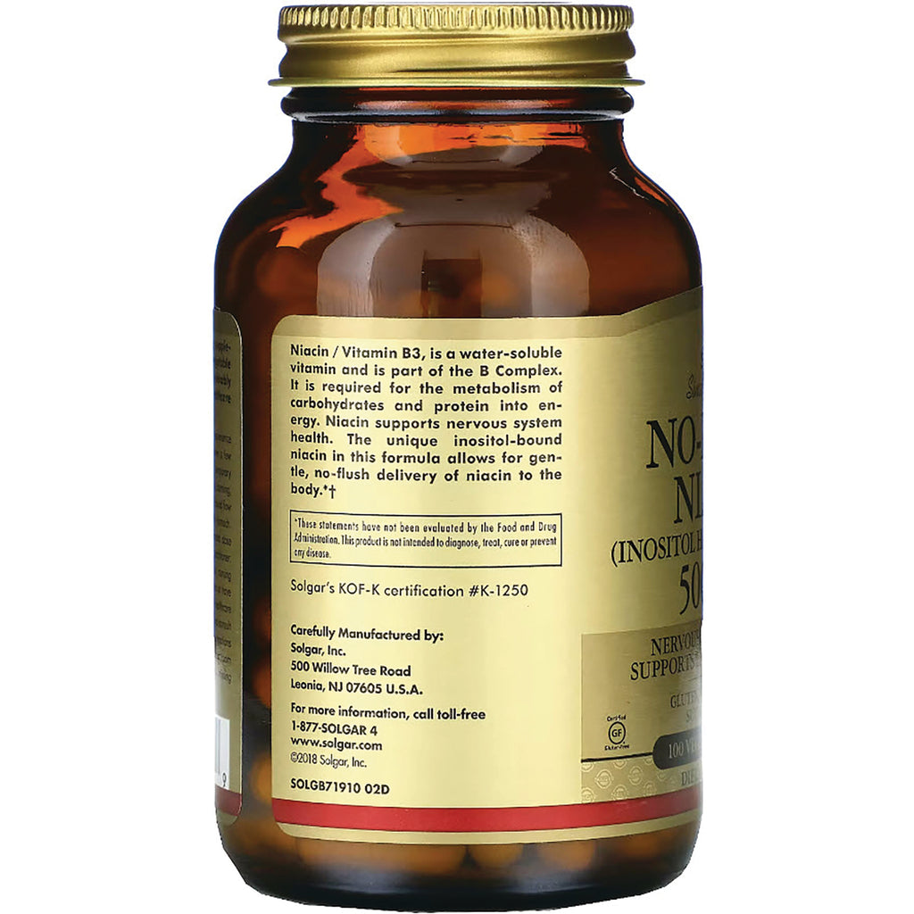 Niacin / Vitamin B3 bottle back label showing product description, manufacturer address and certification - Thumbnail