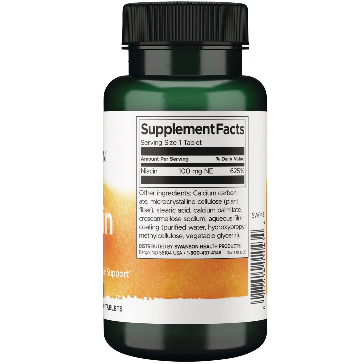 SW043 | Back label Supplement Facts panel showing niacin 100 mg NE, serving size 1 tablet, and other ingredients
