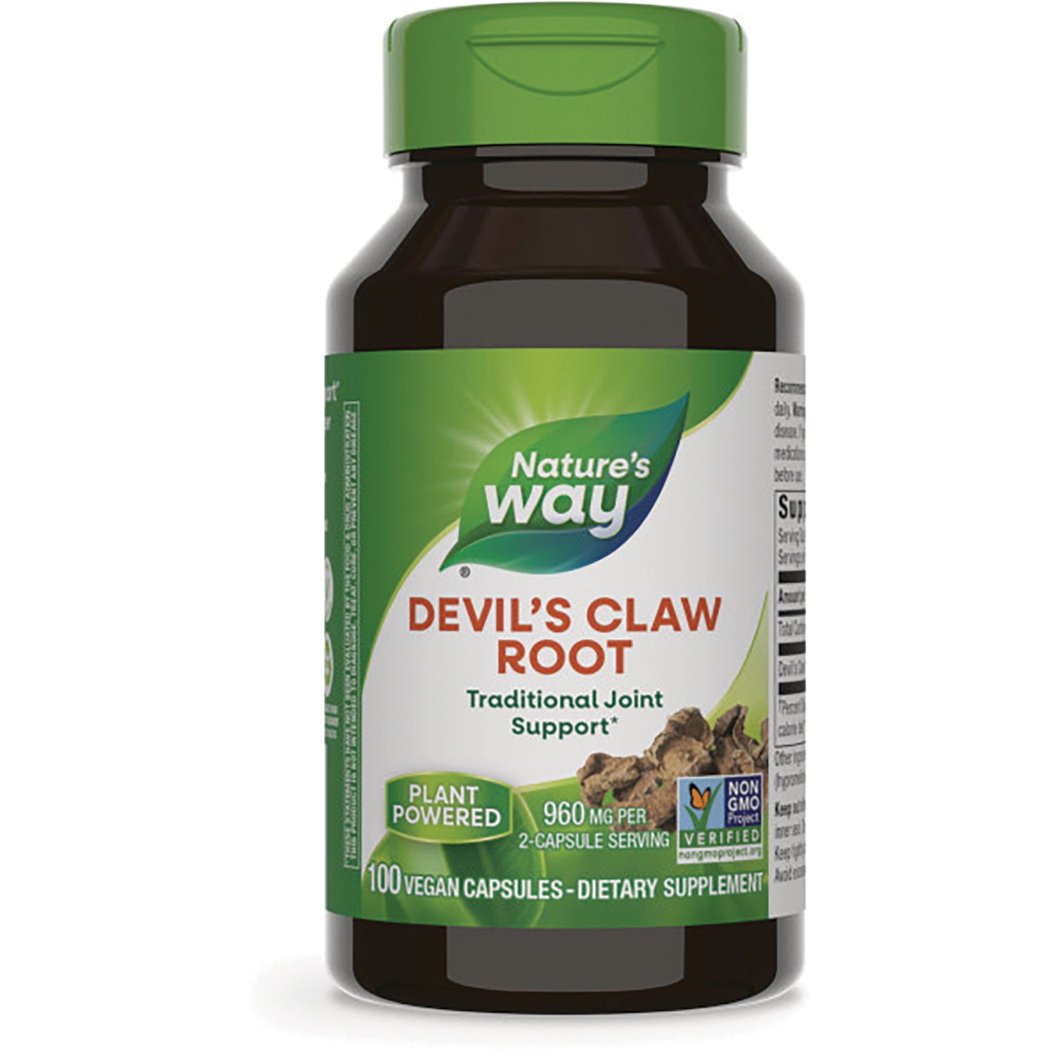 NW836 | Nature's Way Devil's Claw Root supplement bottle front label showing 100 vegan capsules plant powered