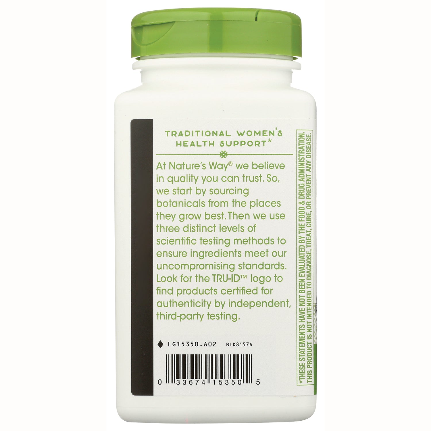 NW781 | back of white supplement bottle with green cap showing Traditional Women's Health Support text, ingredient info and barcode