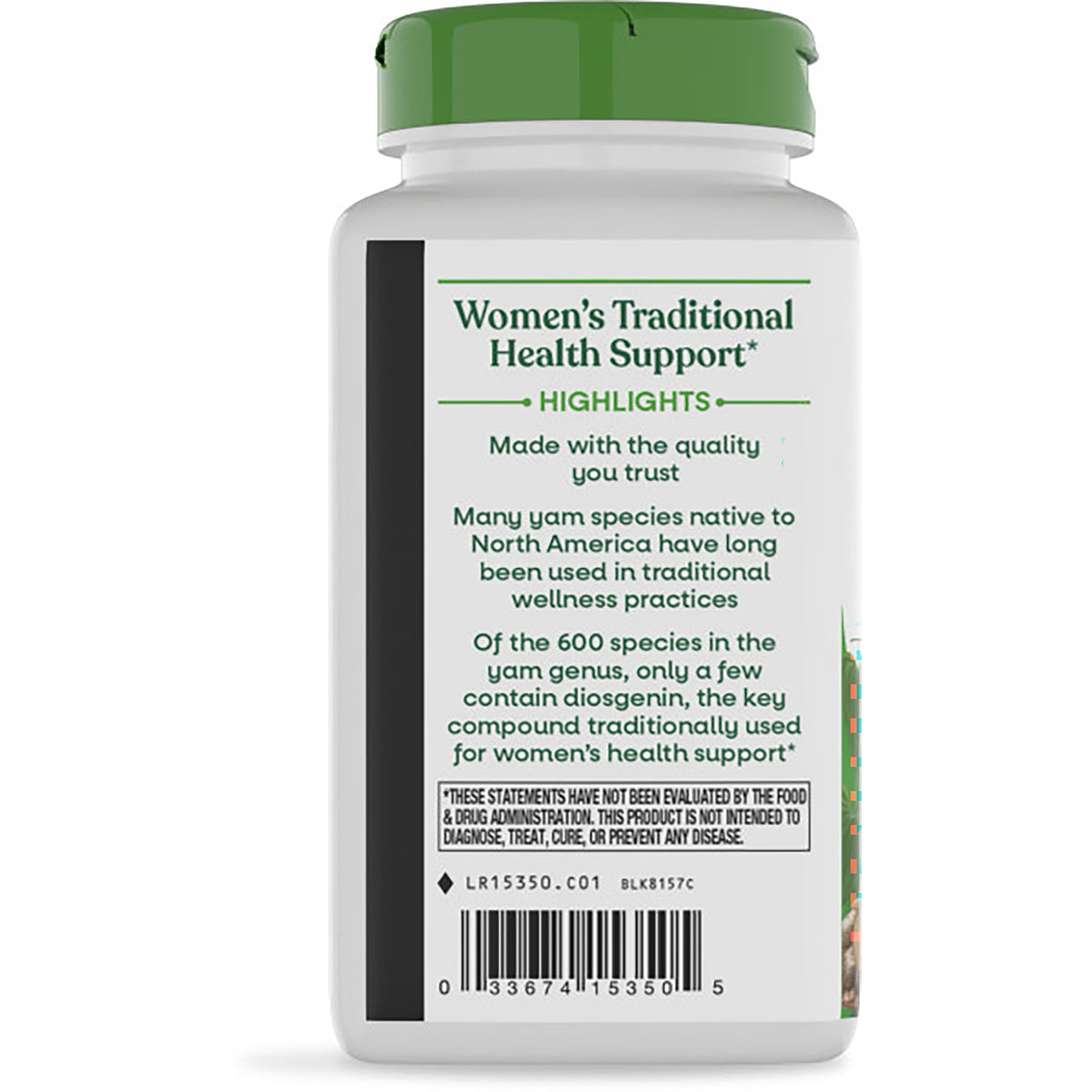 NW781 | back of white supplement bottle with green cap showing Traditional Women's Health Support text, ingredient info and barcode