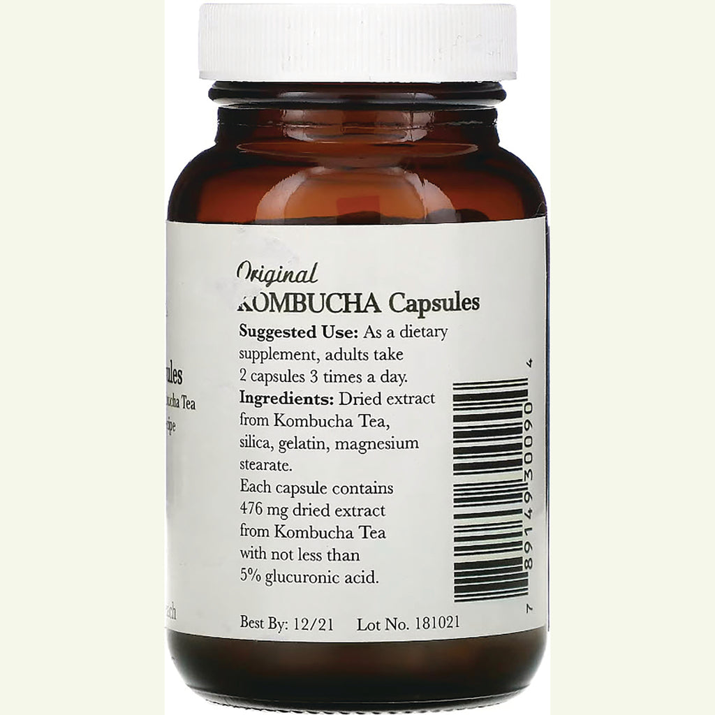 PNA002 | Back label of brown bottle showing Kombucha Capsules ingredients, suggested use, barcode and best by date - Thumbnail