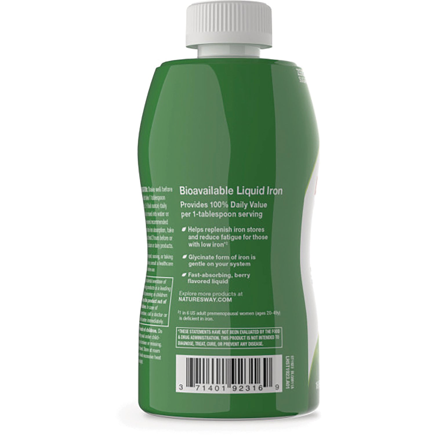 WLS002 | Back of liquid iron supplement bottle showing 'Bioavailable Liquid Iron' benefits and barcode