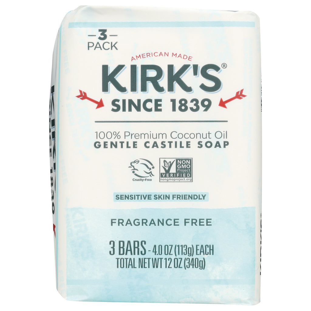 KIR015 | Kirk's gentle castile soap 3-pack fragrance free packaging, 3 bars 4.0 oz each - Thumbnail