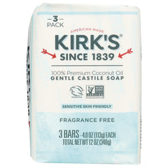 KIR015 | Kirk's gentle castile soap 3-pack fragrance free packaging, 3 bars 4.0 oz each