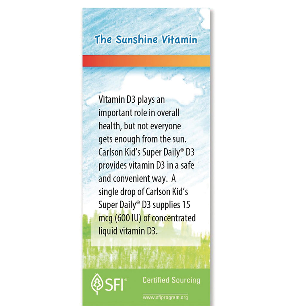 CSN238 | Product infographic titled The Sunshine Vitamin describing Carlson Kid's Super Daily D3 supplying 15 mcg (600 IU) vitamin D3 - Thumbnail