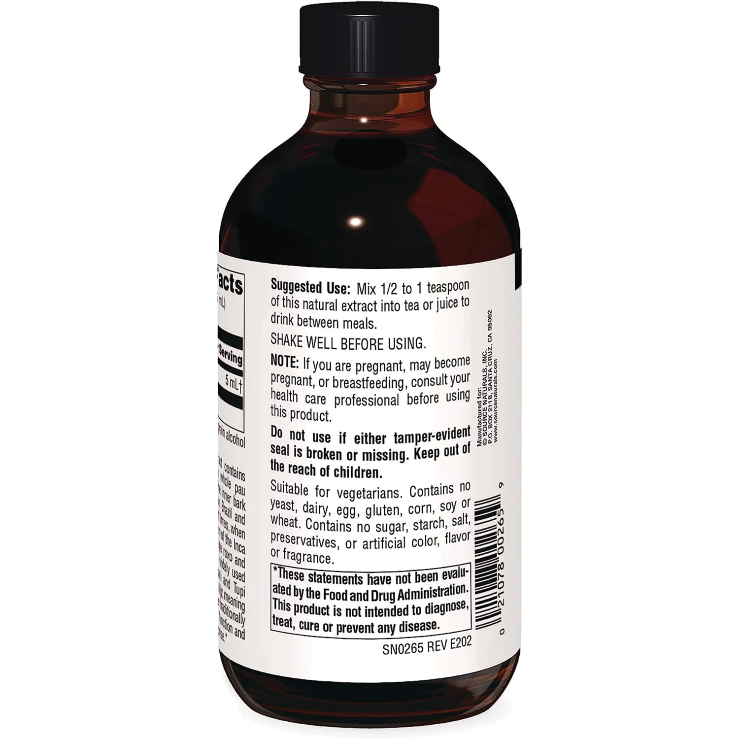 SN627 | Back label of supplement bottle with suggested use, warnings, and FDA disclaimer text