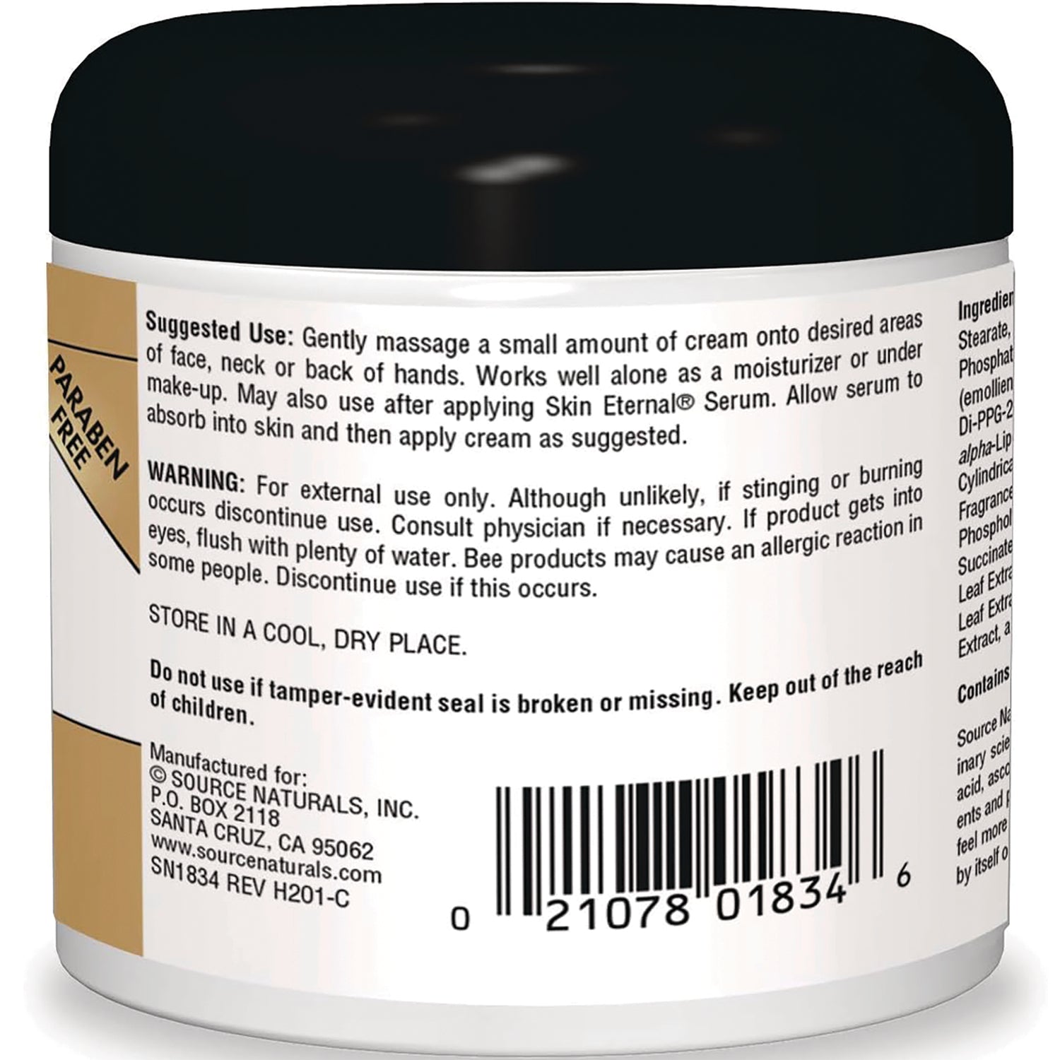 SN400 | Back label with suggested use, warning, ingredients, and barcode; Paraben Free