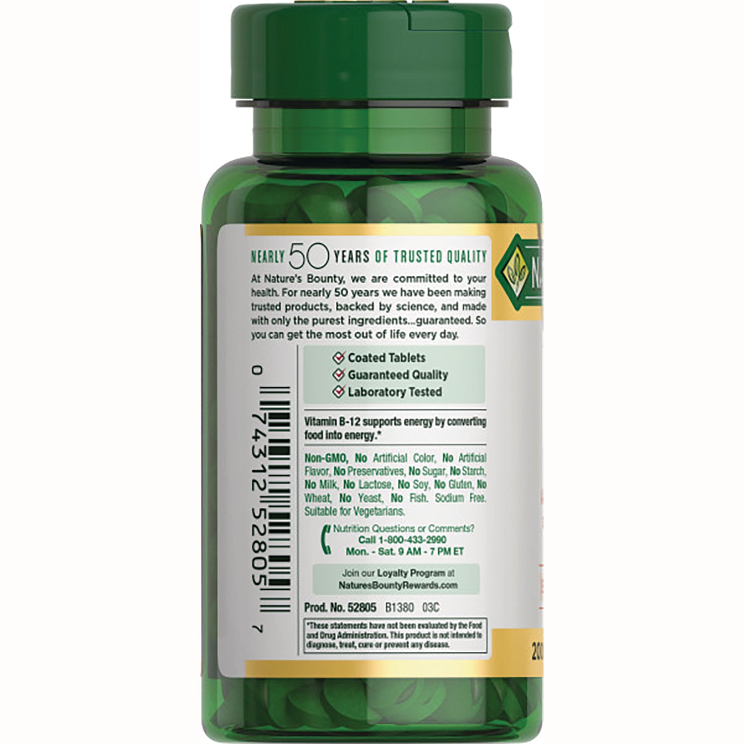 NBY065 | Green supplement bottle back label with barcode, product information and ingredient statements