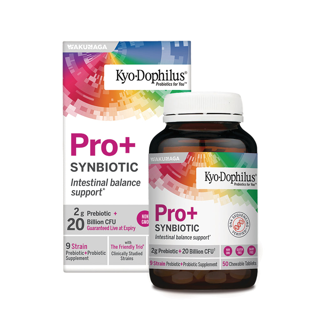KY151 | Kyo-Dophilus Pro+ Synbiotic bottle and box showing 2g prebiotic 20 billion CFU and 50 chewable tablets - Thumbnail