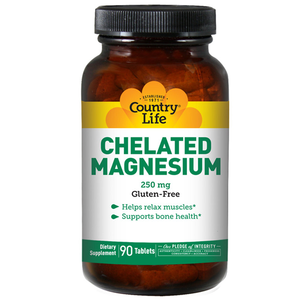 CRL271 | Country Life bottle labeled CHELATED MAGNESIUM 250 mg Gluten-Free, 90 tablets front view