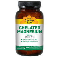 CRL271 | Country Life bottle labeled CHELATED MAGNESIUM 250 mg Gluten-Free, 90 tablets front view