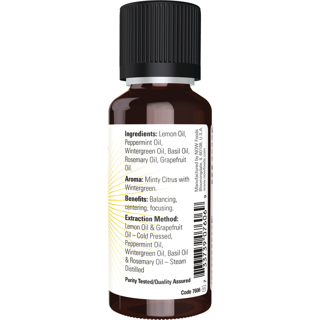 NWF1227 | back label showing ingredients, aroma, benefits and extraction method on amber essential oil bottle - Thumbnail