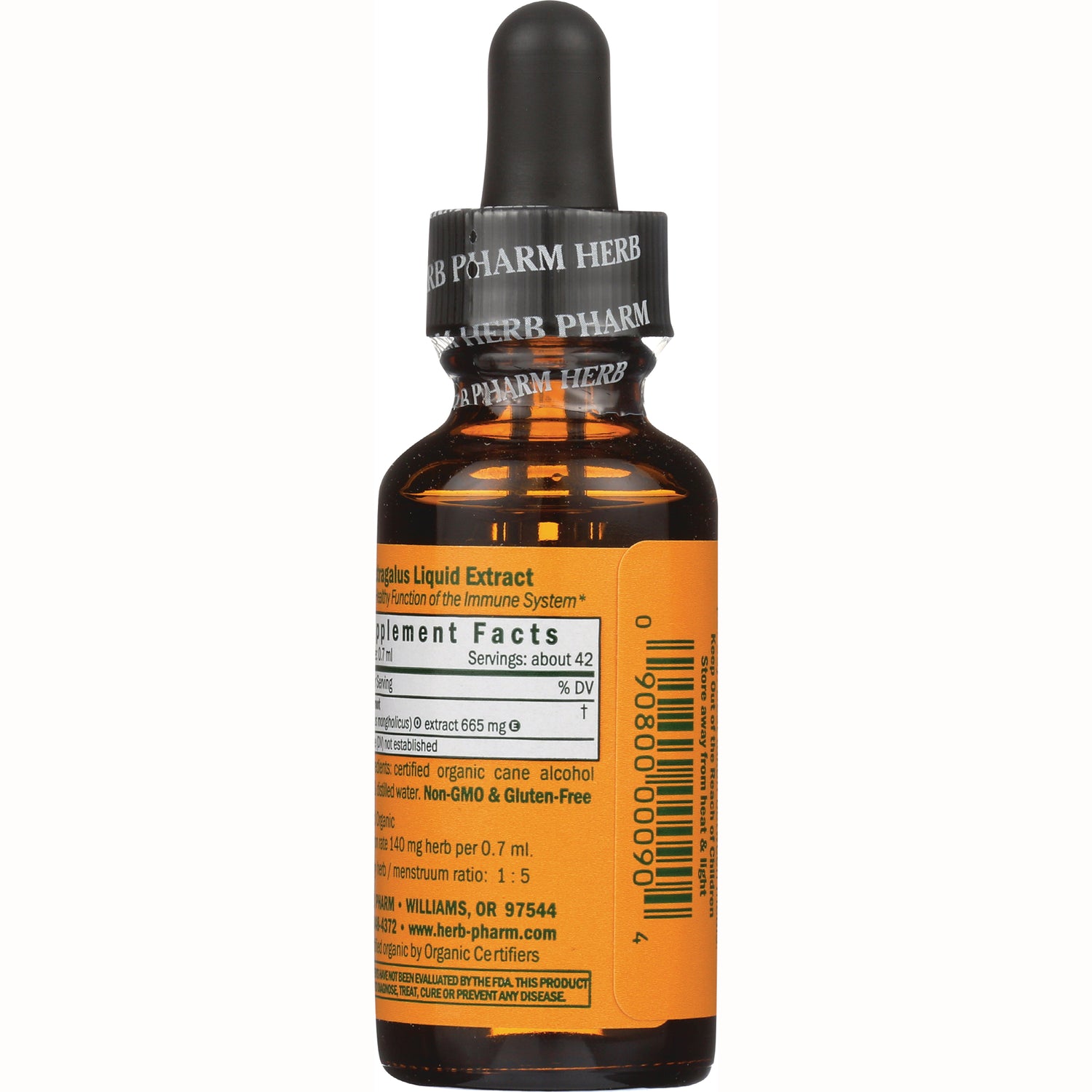 HPH003 | Back of amber dropper bottle with orange supplement facts label, barcode visible and black dropper cap labeled HERB PHARM
